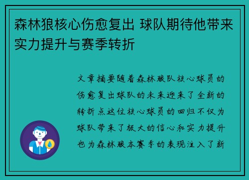 森林狼核心伤愈复出 球队期待他带来实力提升与赛季转折