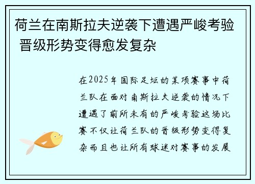 荷兰在南斯拉夫逆袭下遭遇严峻考验 晋级形势变得愈发复杂