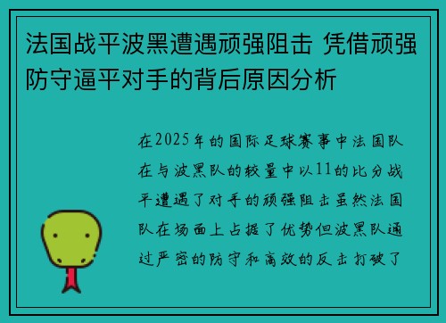 法国战平波黑遭遇顽强阻击 凭借顽强防守逼平对手的背后原因分析