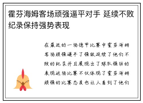 霍芬海姆客场顽强逼平对手 延续不败纪录保持强势表现