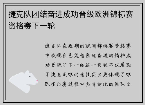 捷克队团结奋进成功晋级欧洲锦标赛资格赛下一轮