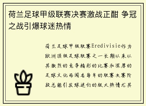 荷兰足球甲级联赛决赛激战正酣 争冠之战引爆球迷热情