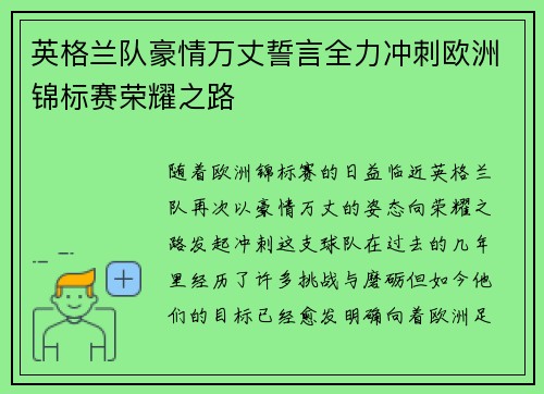 英格兰队豪情万丈誓言全力冲刺欧洲锦标赛荣耀之路