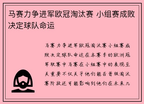 马赛力争进军欧冠淘汰赛 小组赛成败决定球队命运